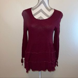 American Eagle Burgundy Ruffle Tiered Long Sleeve Keyhole Blouse Small